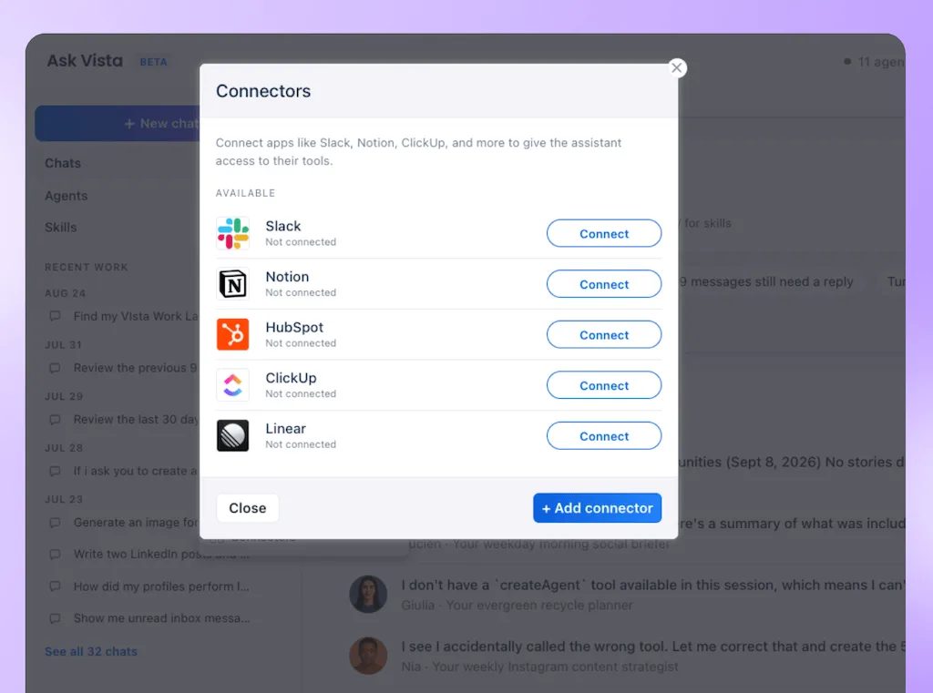 The Connectors modal window in Ask Vista listing available integrations for Slack, Notion, HubSpot, ClickUp, and Linear.