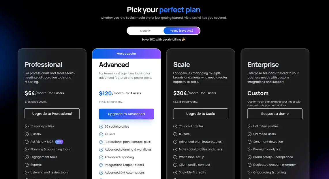 The dark mode pricing table page for Vista Social displaying Professional, Advanced, Scale, and Enterprise plans.