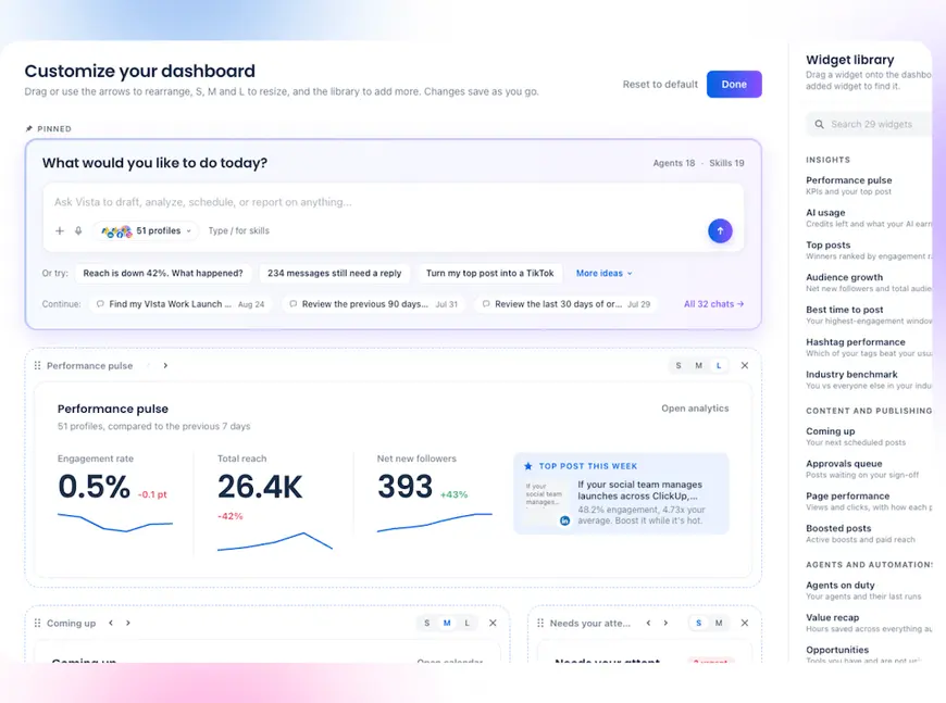 The "Customize your dashboard" layout editor in Vista Social displaying customizable widgets and layout size options.