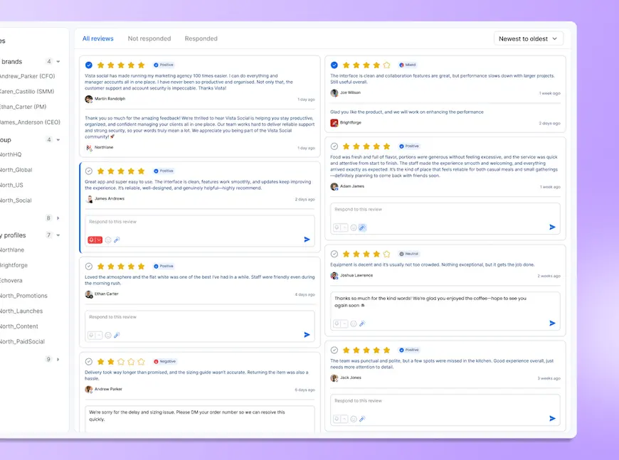 The online reviews dashboard in Vista Social displaying star ratings, customer feedback, and response text boxes across channels.