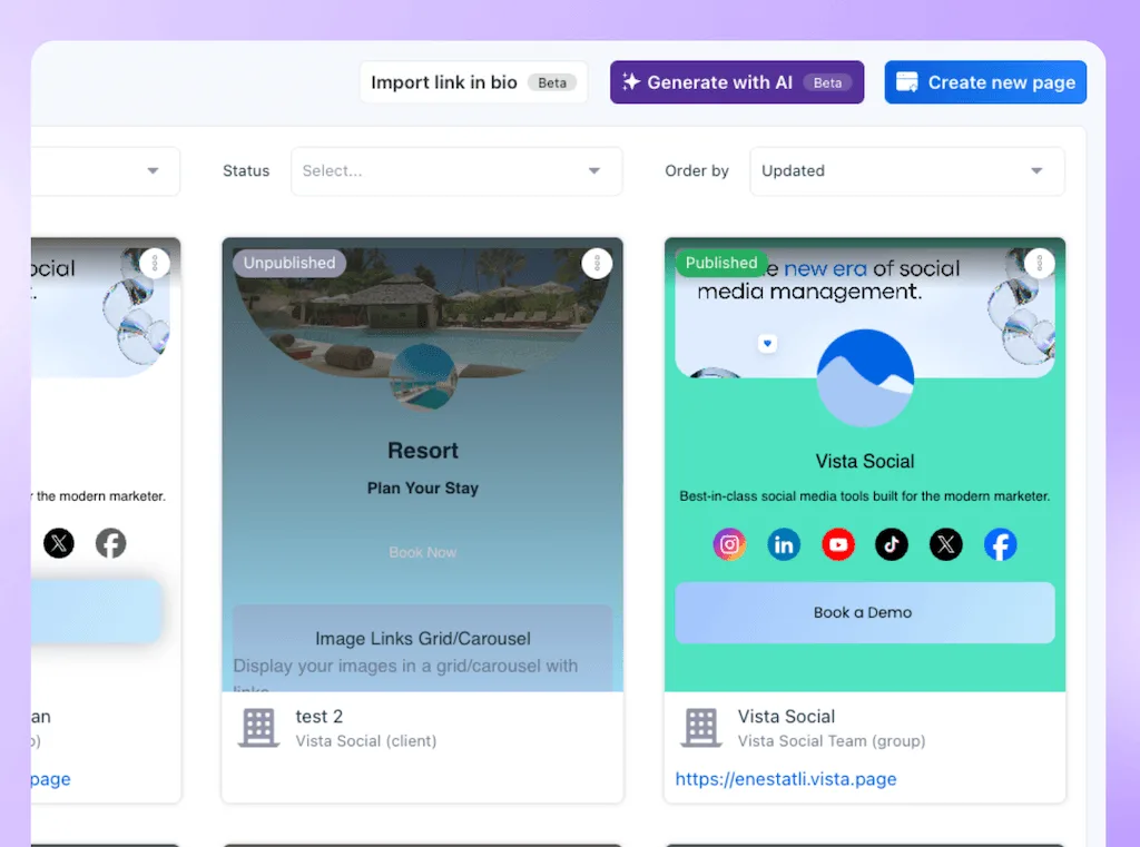 The Vista Page link-in-bio management dashboard showing published and unpublished custom landing page templates.