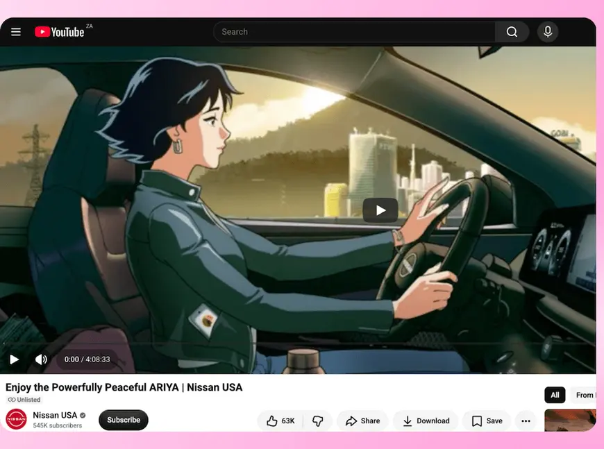 A YouTube video playback page showing an unlisted anime-style lofi video advertisement for Nissan USA.
