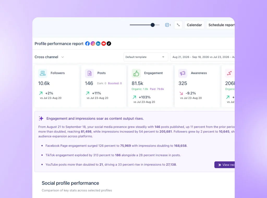 The Profile Performance Report dashboard in Vista Social showing cross-channel audience engagement summary stats and AI-generated insights.