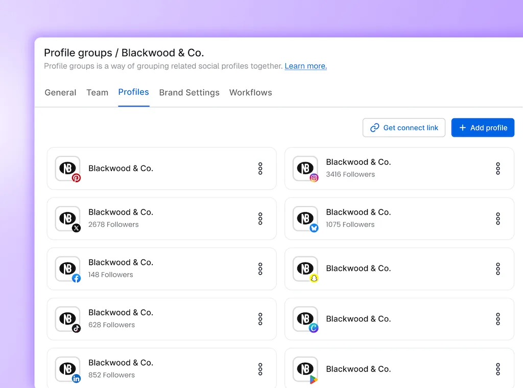 The Profiles tab within Profile Groups in Vista Social displaying connected social accounts for a brand alongside follower counts.