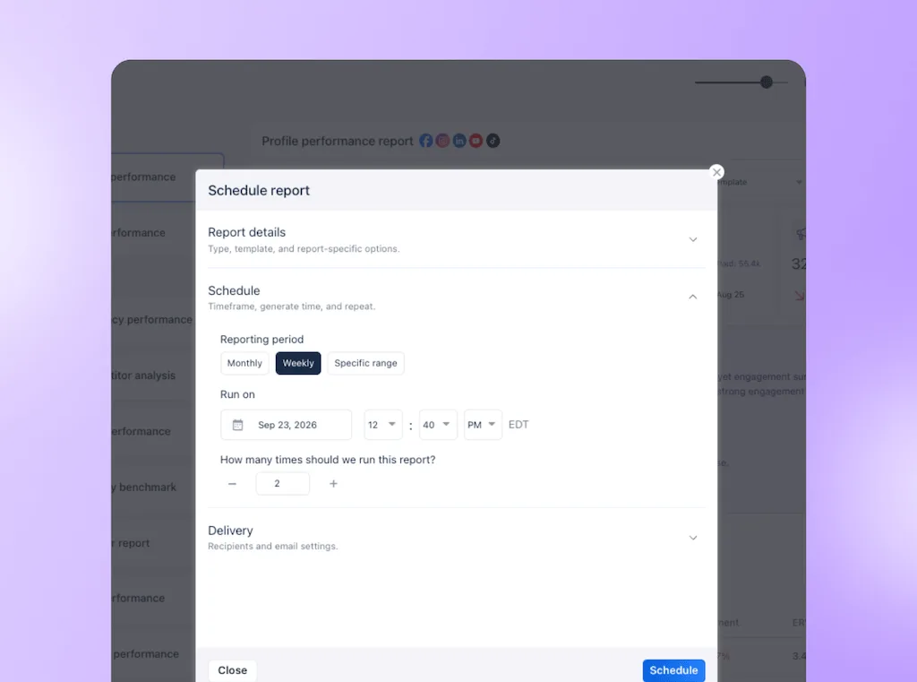 The Schedule Report configuration modal window in Vista Social setting recurring weekly delivery options for performance reports.