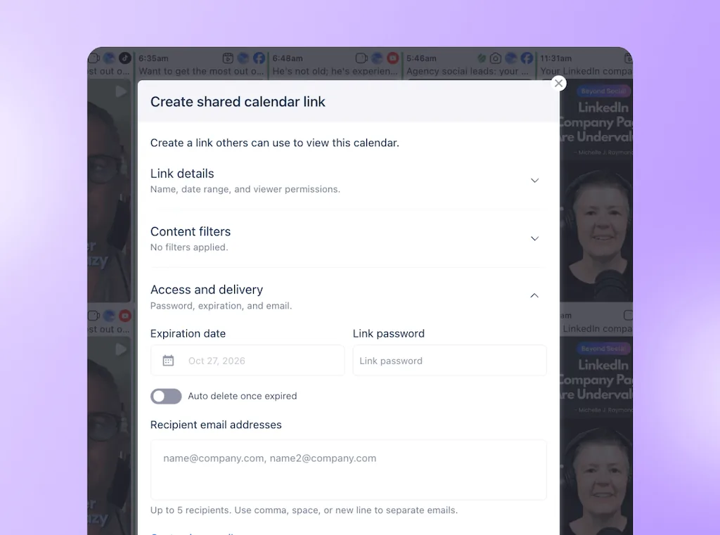 The shared calendar link setup modal in Vista Social displaying link security settings, expiration dates, and password protection options.