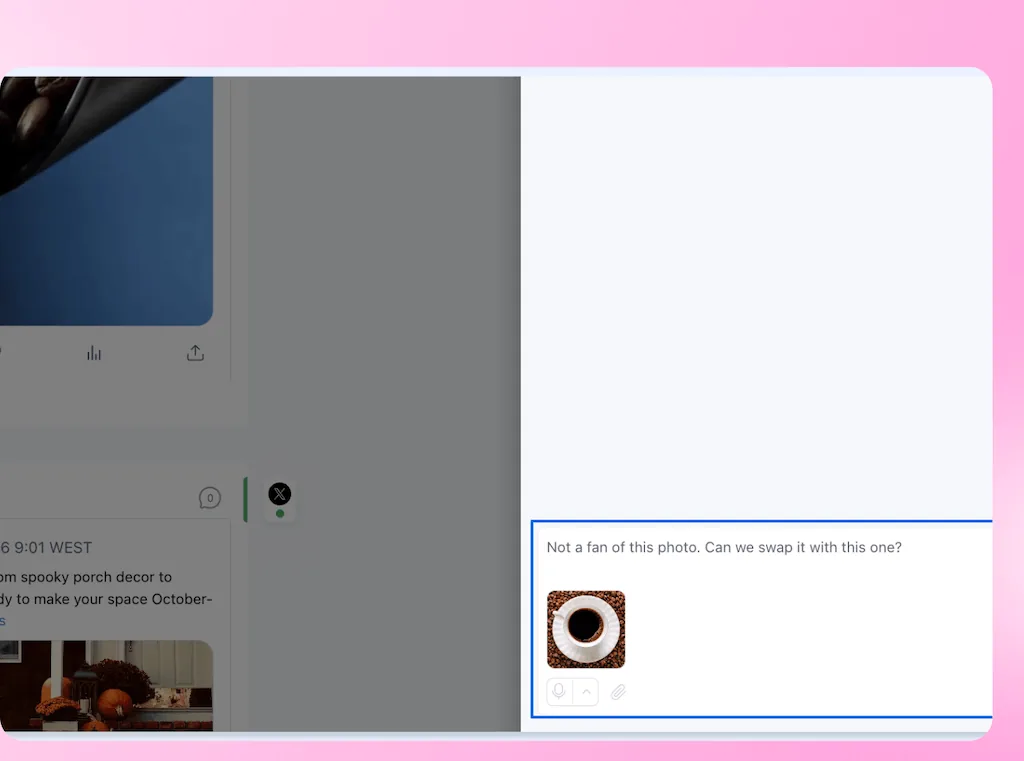 A client review interface displaying an inline comment field with a replacement image suggestion for a scheduled post.