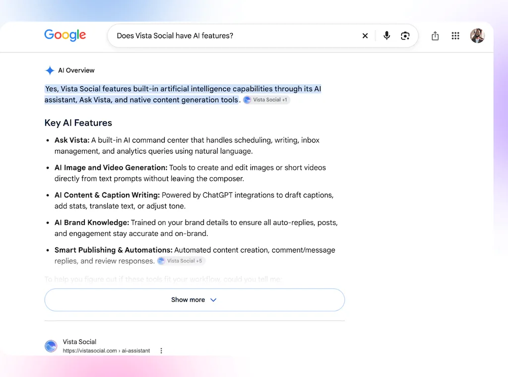 A Google Search AI Overview result breaking down the core artificial intelligence capabilities and features of Vista Social.
