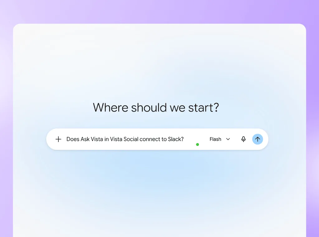 A prompt search box in Gemini querying whether Ask Vista in Vista Social connects to Slack.