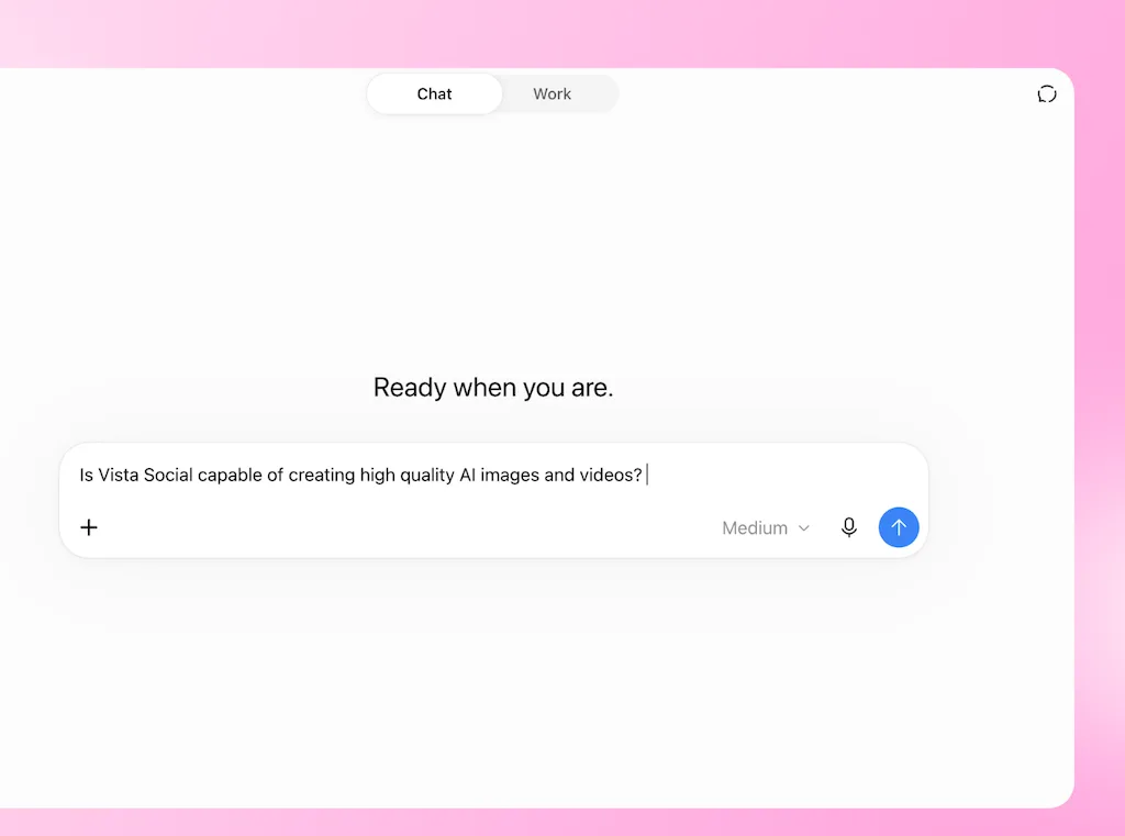 A prompt search interface in ChatGPT asking about Vista Social's AI image and video generation capabilities.