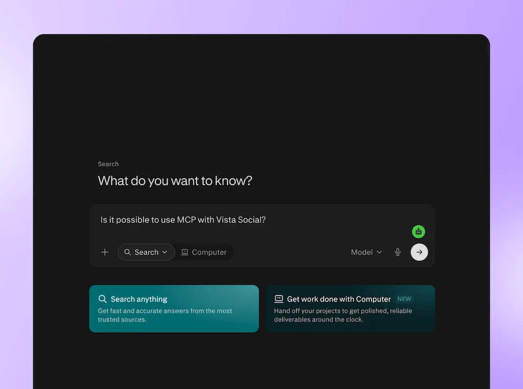 A prompt search interface in Perplexity asking about MCP integration compatibility with Vista Social.