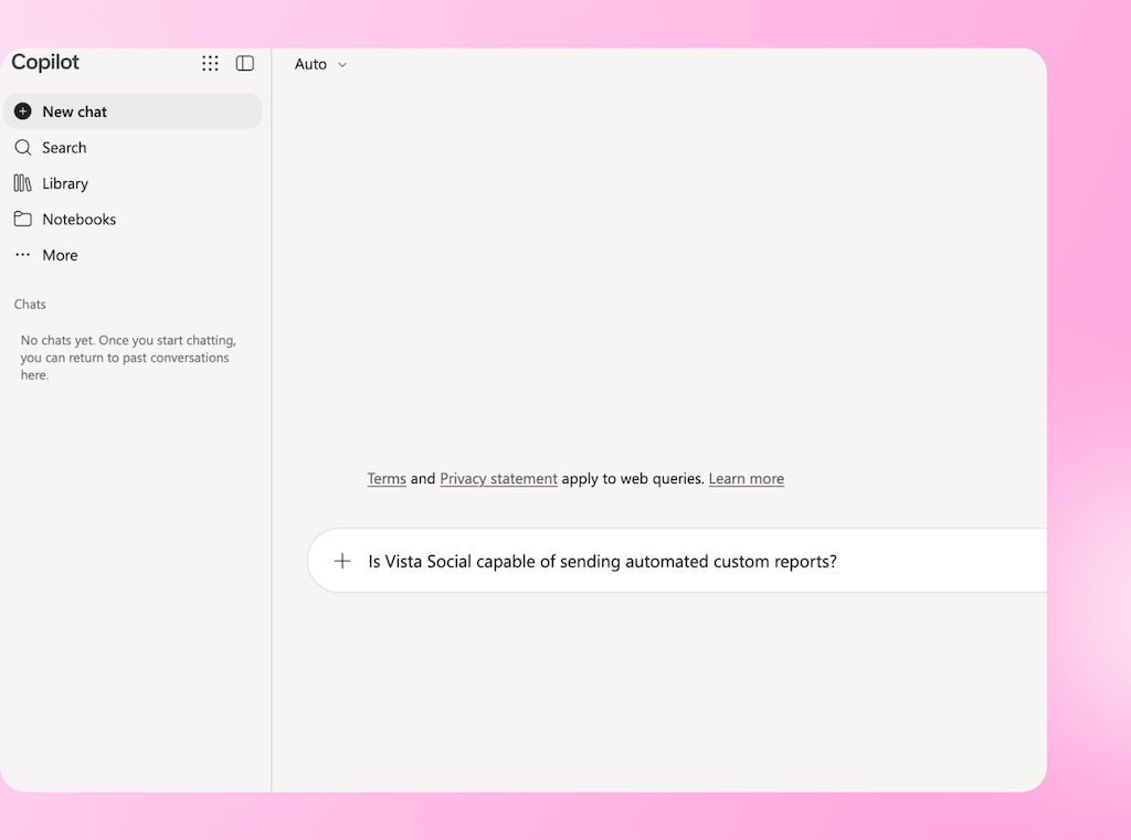 The Microsoft Copilot chat prompt bar asking if Vista Social can send automated custom reports.