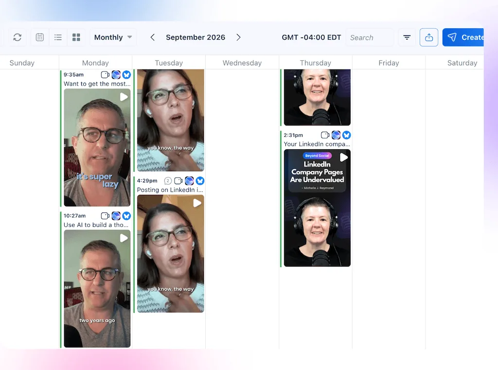 The monthly content calendar view in Vista Social displaying scheduled video post cards across various days of the week.