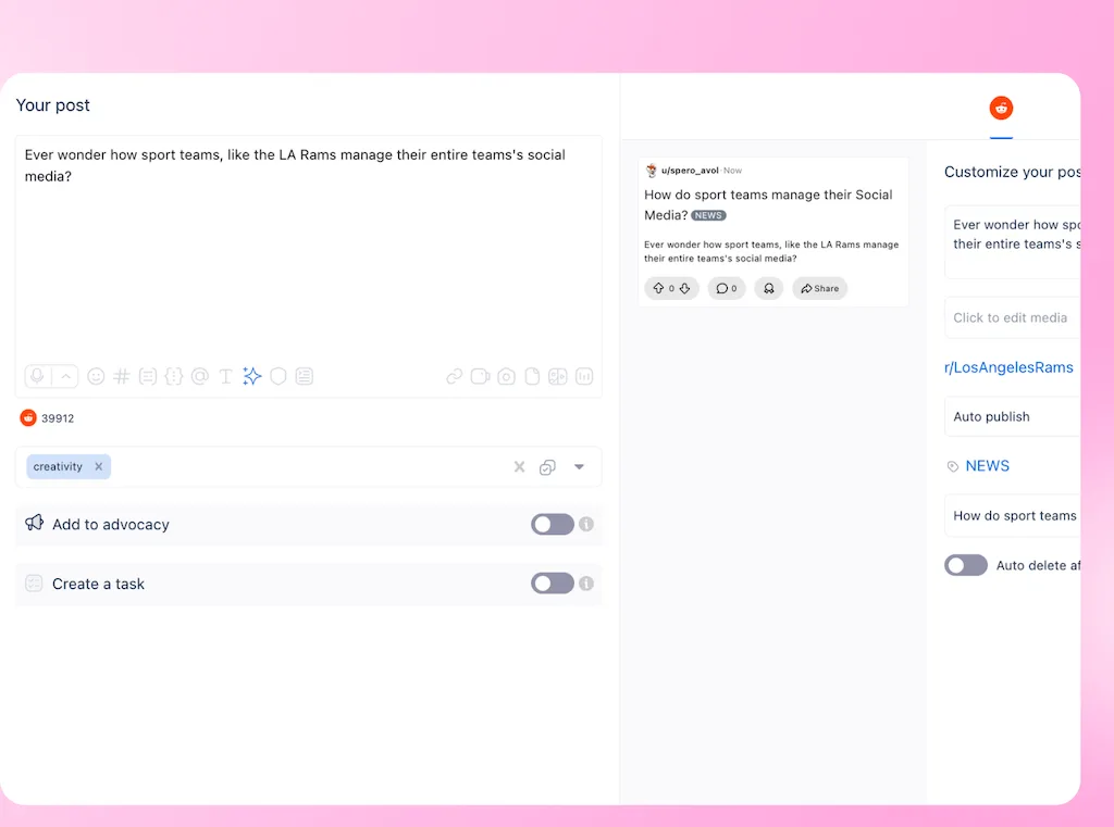 The post composer screen in Vista Social configured to create and schedule content for Reddit, including subreddit section selection.