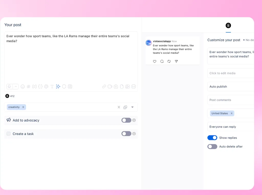The post composer interface in Vista Social configured for Threads, showcasing targeted reply settings and geographic audience options.
