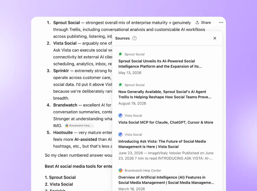 An AI search response comparing social media tools alongside a pop-up drawer displaying cited web source articles.