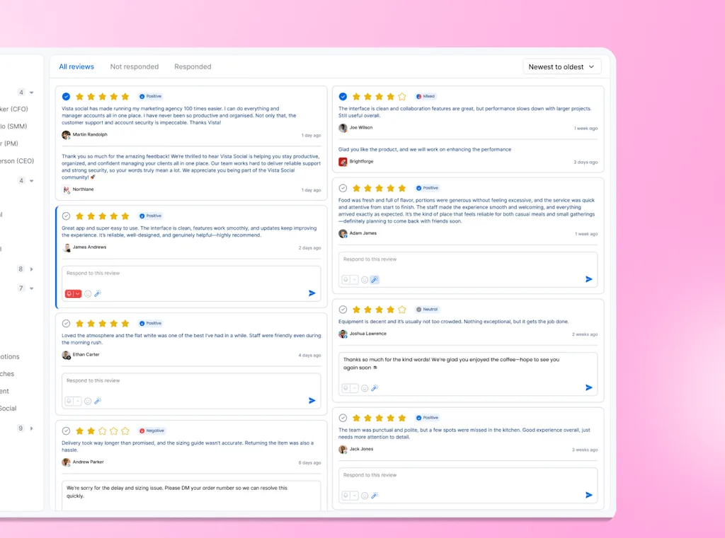 The online reviews dashboard in Vista Social displaying star ratings, customer feedback, and response text boxes across channels.