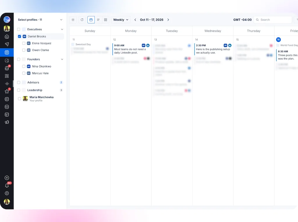 The weekly calendar view in Vista Social filtered to display scheduled LinkedIn posts across executive profiles.
