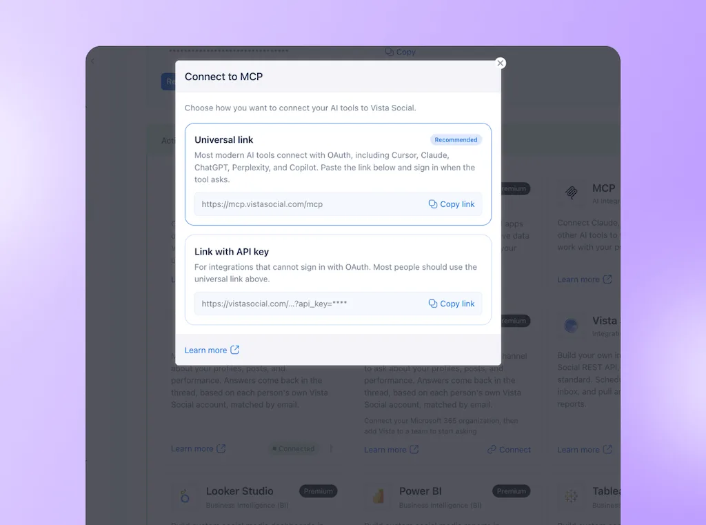 The "Connect to MCP" setup modal window in Vista Social presenting Universal link and API key connection options.