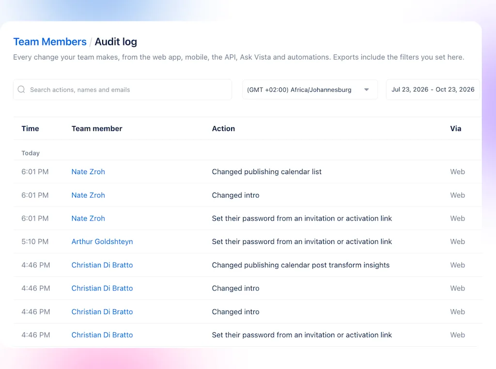 The Audit log screen in Vista Social tracking team member account activity timestamps, actions, and access methods.