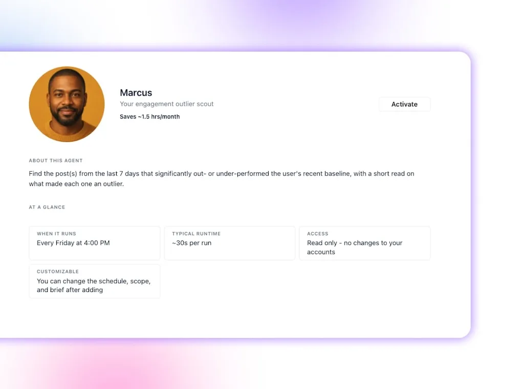 The agent configuration profile overview screen for Marcus, an engagement outlier scout agent designed to detect top-performing social posts.