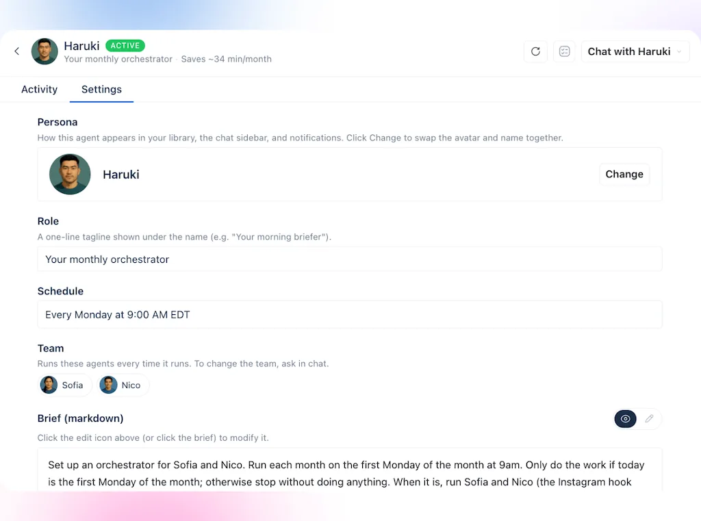 The settings configuration screen for Haruki, an AI orchestrator agent managing and executing scheduled tasks across team members