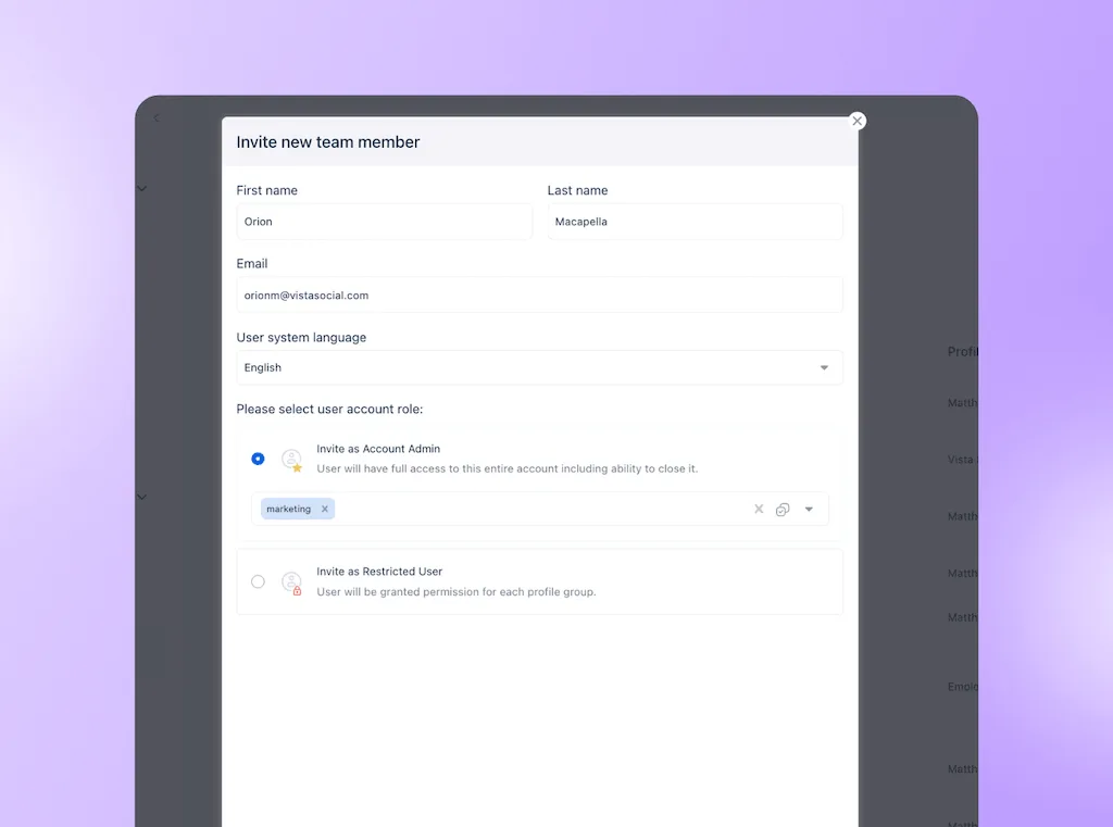The user invite modal window in Vista Social displaying fields to assign user account roles and group access permissions.