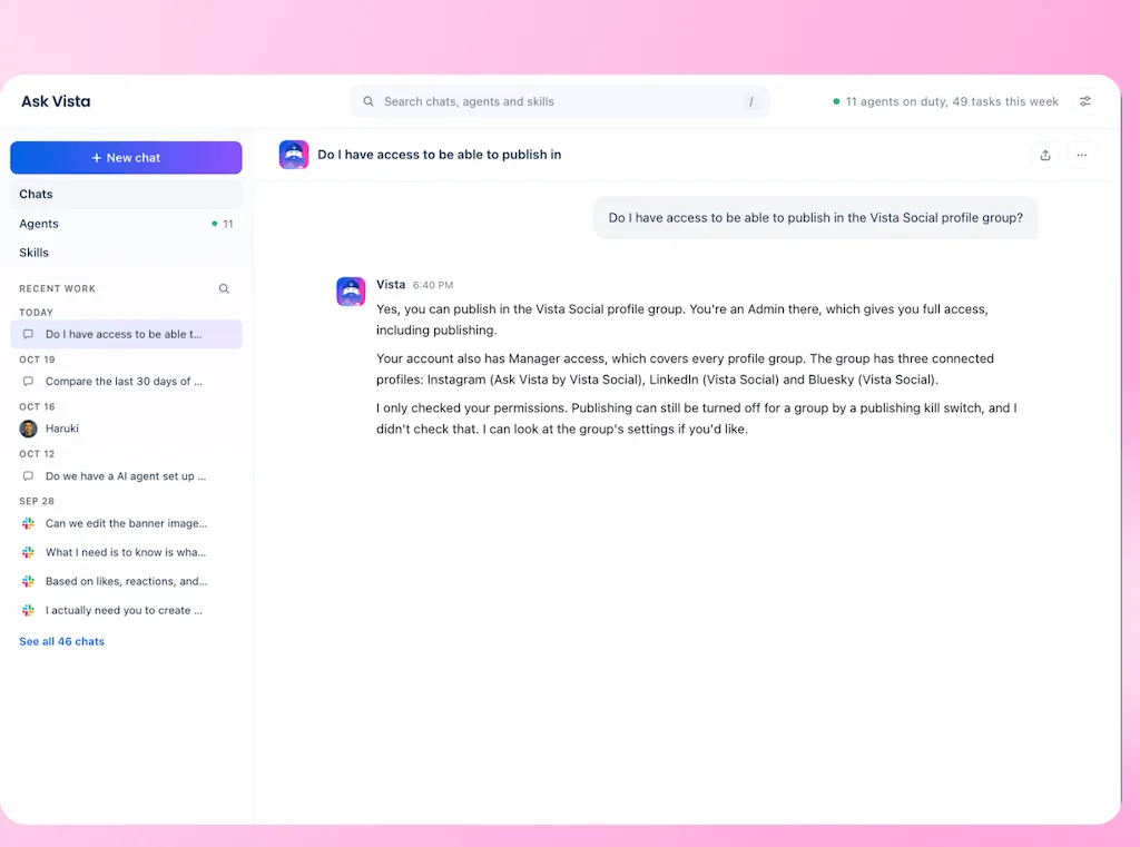 An Ask Vista chat interface showing an AI assistant response verifying a user's account publishing permissions across profile groups.