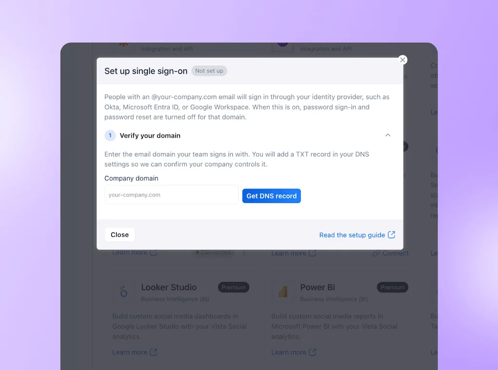 The Single Sign-On setup modal window in Vista Social guiding domain verification via DNS record entry.