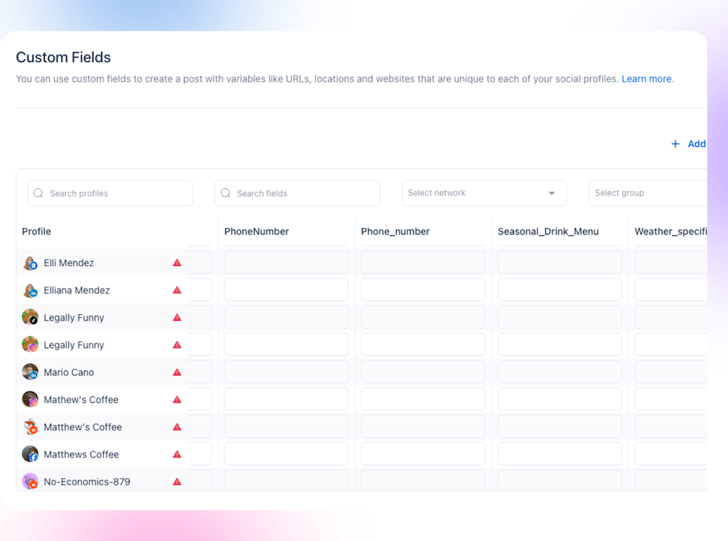 The Custom Fields settings interface in Vista Social displaying customizable profile variables for local phone numbers and menus.