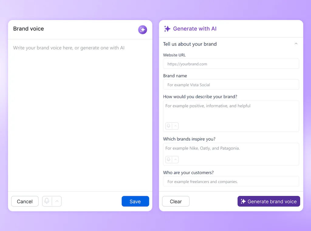 The Brand Voice AI generator setup window prompting users for website URLs, brand descriptions, and target audience details.