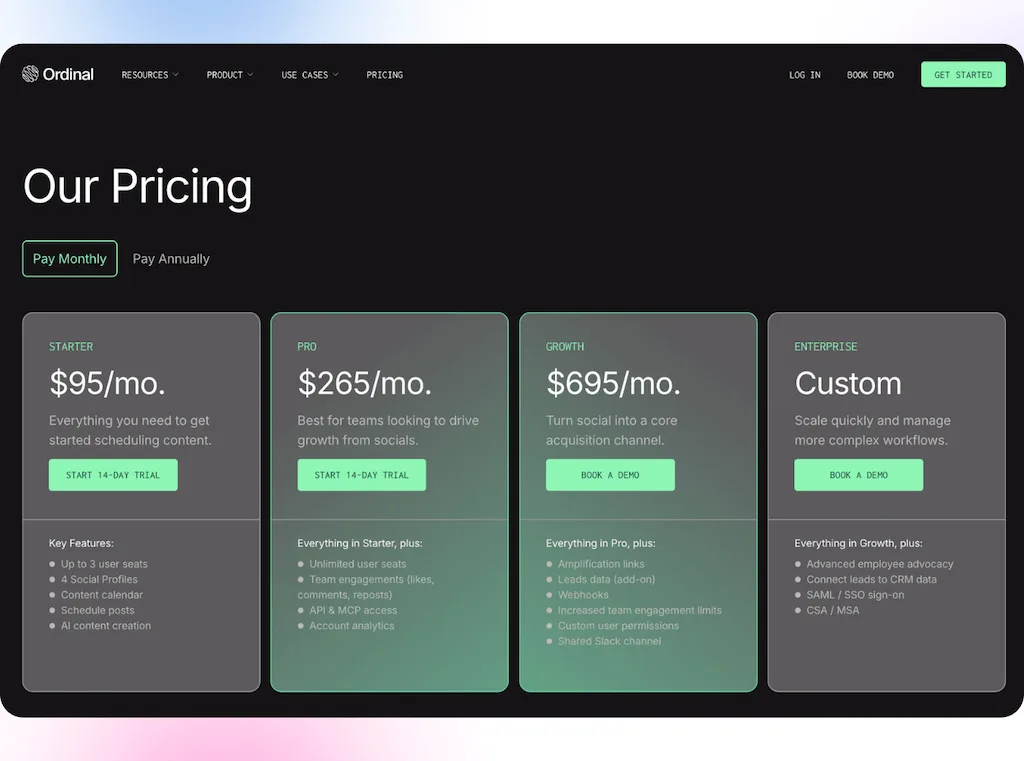 The pricing plan selection page for Ordinal displaying Starter, Pro, Growth, and Enterprise subscription tiers.
