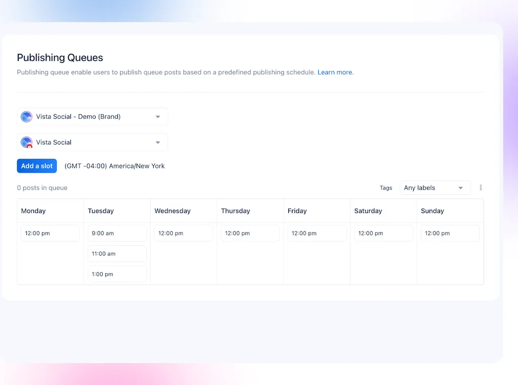 The Publishing Queues setup dashboard in Vista Social showing configured daily posting time slots for scheduled content.