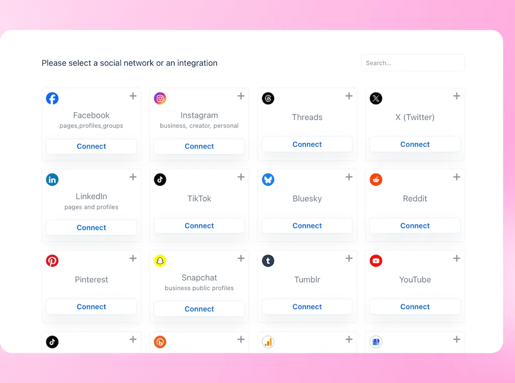 The social network integration directory in Vista Social showing connection cards for platforms like Facebook, Instagram, and LinkedIn.