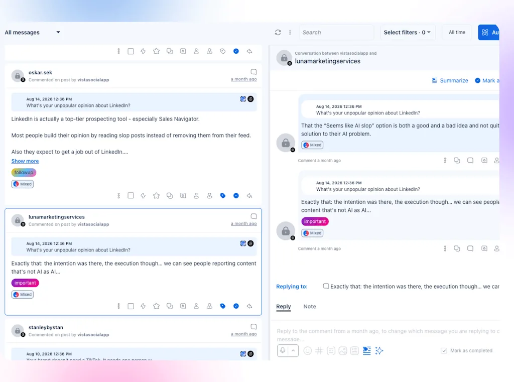The unified inbox view in Vista Social displaying post comments and conversation threads from connected social profiles.