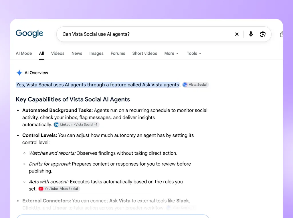 A Google Search AI Overview result detailing key capabilities and control levels for Vista Social AI agents.