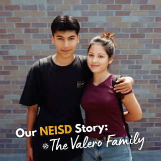 A teenage duo stands against a brick wall, smiling warmly with their arms around each other, showcasing a familial bond. The image includes text highlighting their story with NEISD.