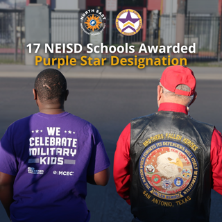 Two individuals, seen from the back, are wearing clothing celebrating military support. Text highlights 17 NEISD schools receiving the Purple Star designation.
