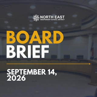 Announcement for a board meeting on September 14, 2026, by the North East Independent School District. The image has a formal and informative tone.