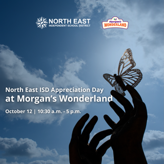 A promotional flyer for North East ISD Appreciation Day at Morgan's Wonderland, featuring a butterfly and hands silhouette against a cloudy sky.