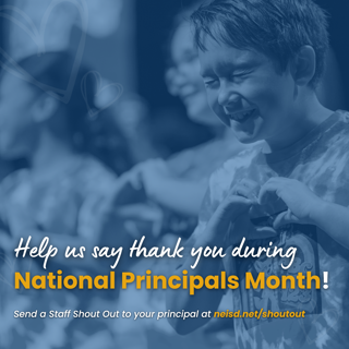 A happy child forming a heart with hands, celebrating National Principals Month. The image promotes appreciation for school principals.
