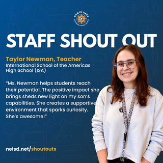 A teacher from the International School of the Americas is recognized for helping students reach their potential. The image features a positive testimonial highlighting the teacher’s impact.