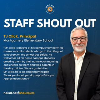 A heartfelt appreciation message for TJ Click, the principal of Montgomery Elementary, celebrating his dedication to students during Principal Appreciation Month.