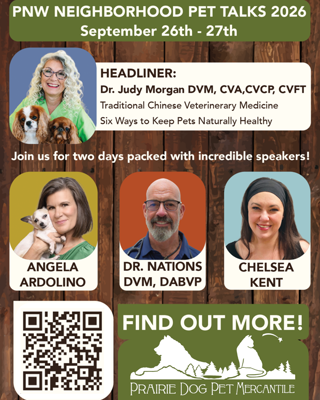 Promotional poster for the PNW Neighborhood Pet Talks 2026 event featuring several speakers on pet health and care.