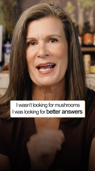 A woman speaks earnestly to the camera with a hopeful expression. Text overlay mentions seeking better answers instead of mushrooms.