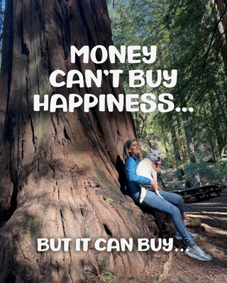 A person sits with a dog against a giant tree in a forest setting, conveying serenity and companionship. Text overlay plays on the theme of money and happiness.