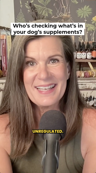 A woman discusses the lack of regulation in dog supplements. She is speaking into a microphone, with text overlays emphasizing her points.