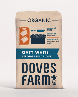 Clean and minimalist packaging design for Doves Farm organic bread flour. Features illustrations of bread and a knife, highlighting the flour's nutritional benefits.