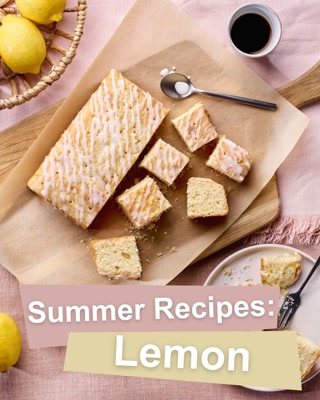 A freshly baked lemon drizzle cake with a light icing drizzle cut into squares. Lemons and a cup of coffee create a warm summer feel.