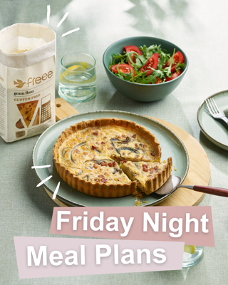 A delicious gluten-free quiche served with a fresh tomato and arugula salad, perfect for a Friday night dinner. The setting is casual and inviting, ideal for a cozy evening meal.